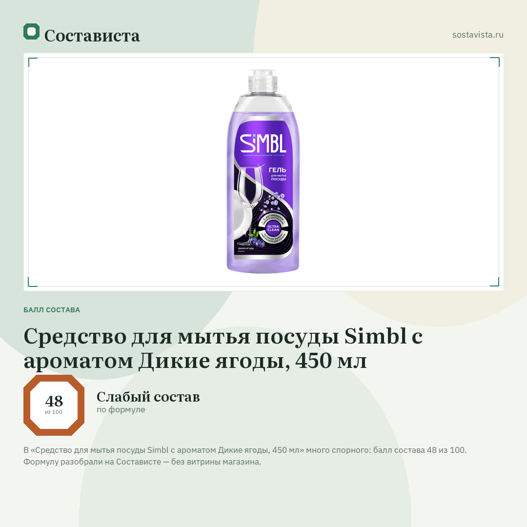Средство для мытья посуды Simbl с ароматом Дикие ягоды, 450 мл: балл состава 48 из 100 — Состависта