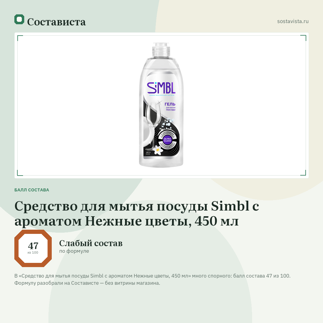 Средство для мытья посуды Simbl с ароматом Нежные цветы, 450 мл: балл состава 47 из 100 — Состависта