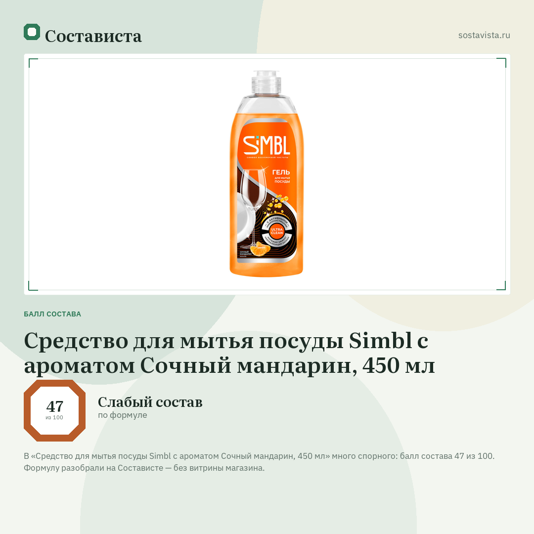 Средство для мытья посуды Simbl с ароматом Сочный мандарин, 450 мл: балл состава 47 из 100 — Состависта
