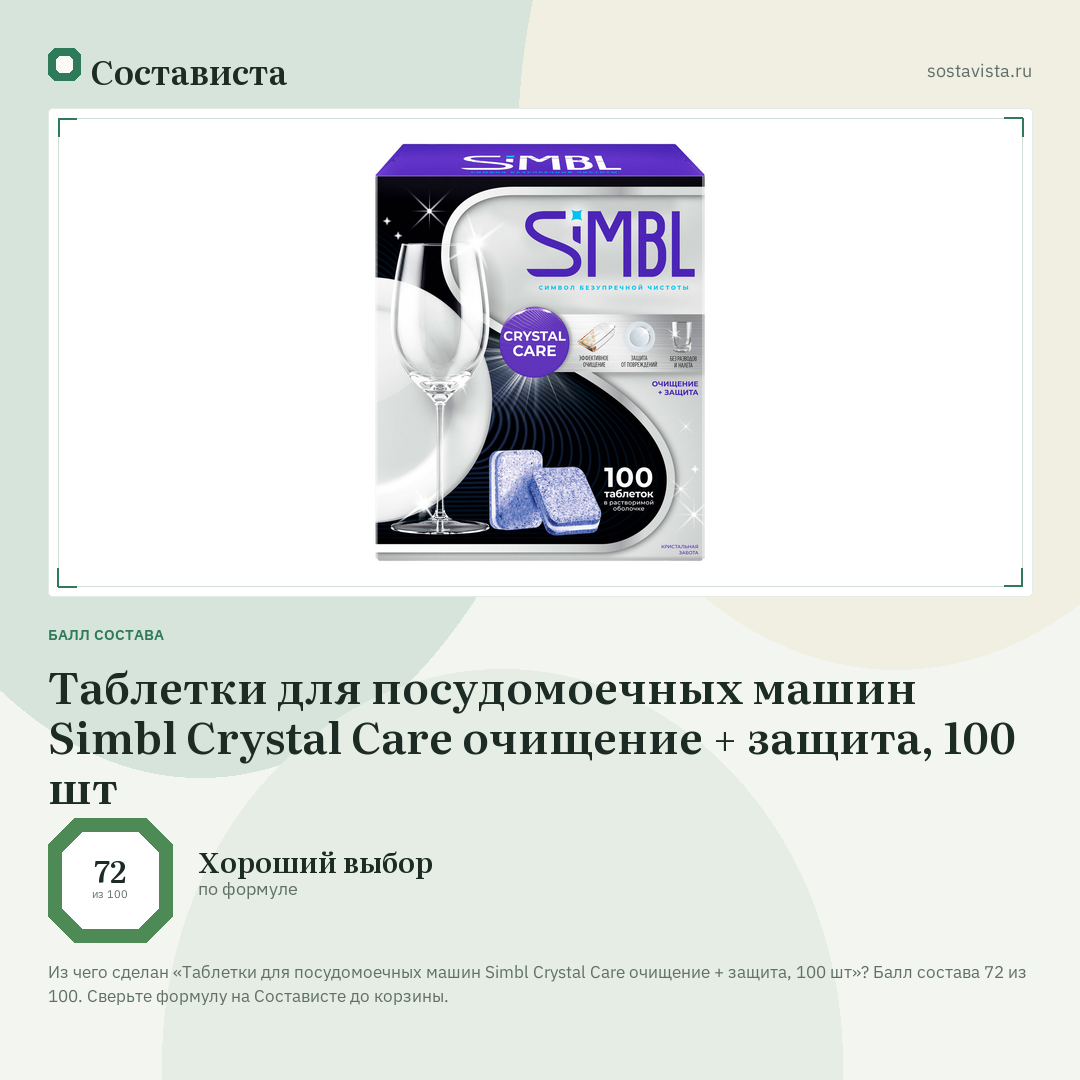 Таблетки для посудомоечных машин Simbl Crystal Care очищение + защита, 100 шт: балл состава 72 из 100 — Состависта