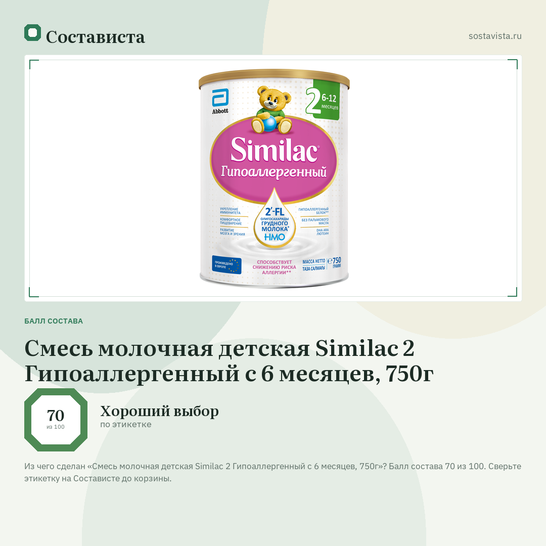 Смесь молочная детская Similac 2 Гипоаллергенный с 6 месяцев, 750г: балл состава 70 из 100 — Состависта