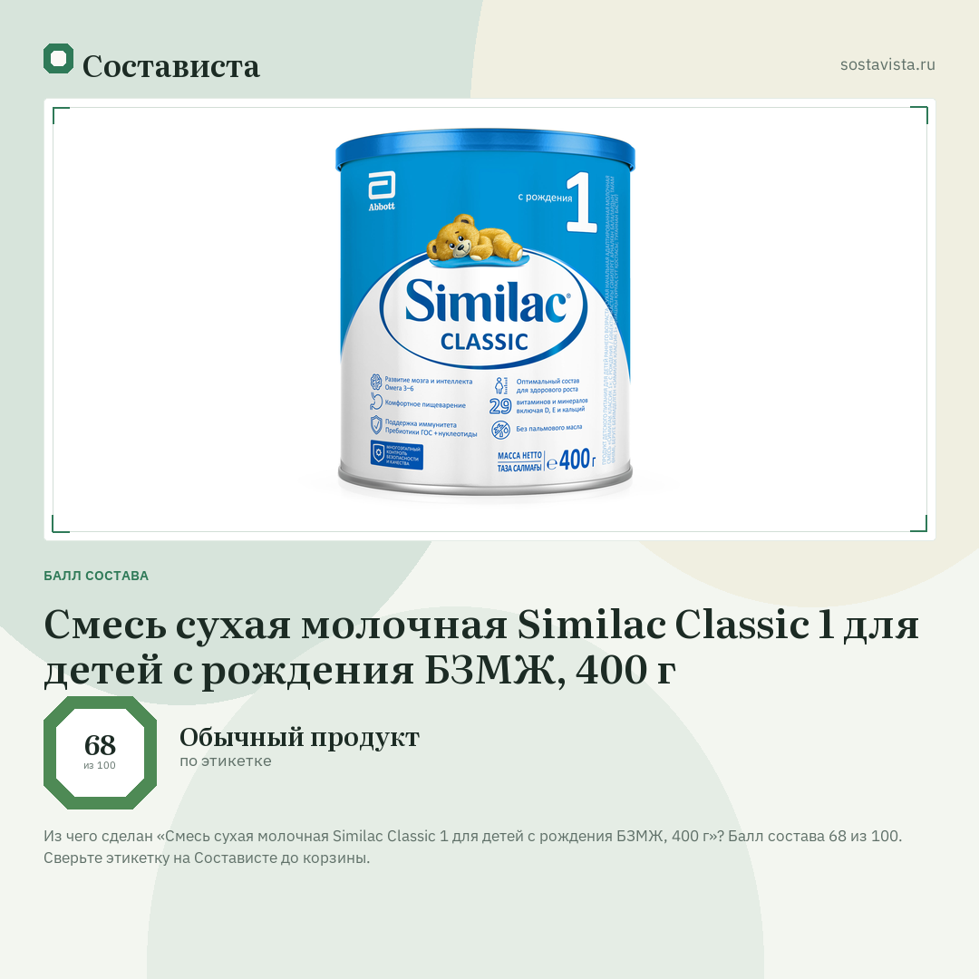 Смесь сухая молочная Similac Classic 1 для детей с рождения БЗМЖ, 400 г: балл состава 68 из 100 — Состависта