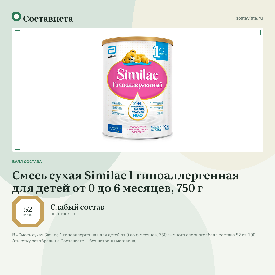 Смесь сухая Similac 1 гипоаллергенная для детей от 0 до 6 месяцев, 750 г: балл состава 52 из 100 — Состависта