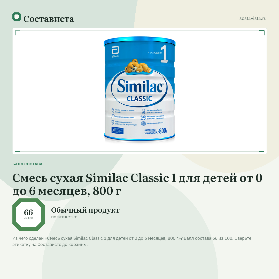 Смесь сухая Similac Classic 1 для детей от 0 до 6 месяцев, 800 г: балл состава 66 из 100 — Состависта