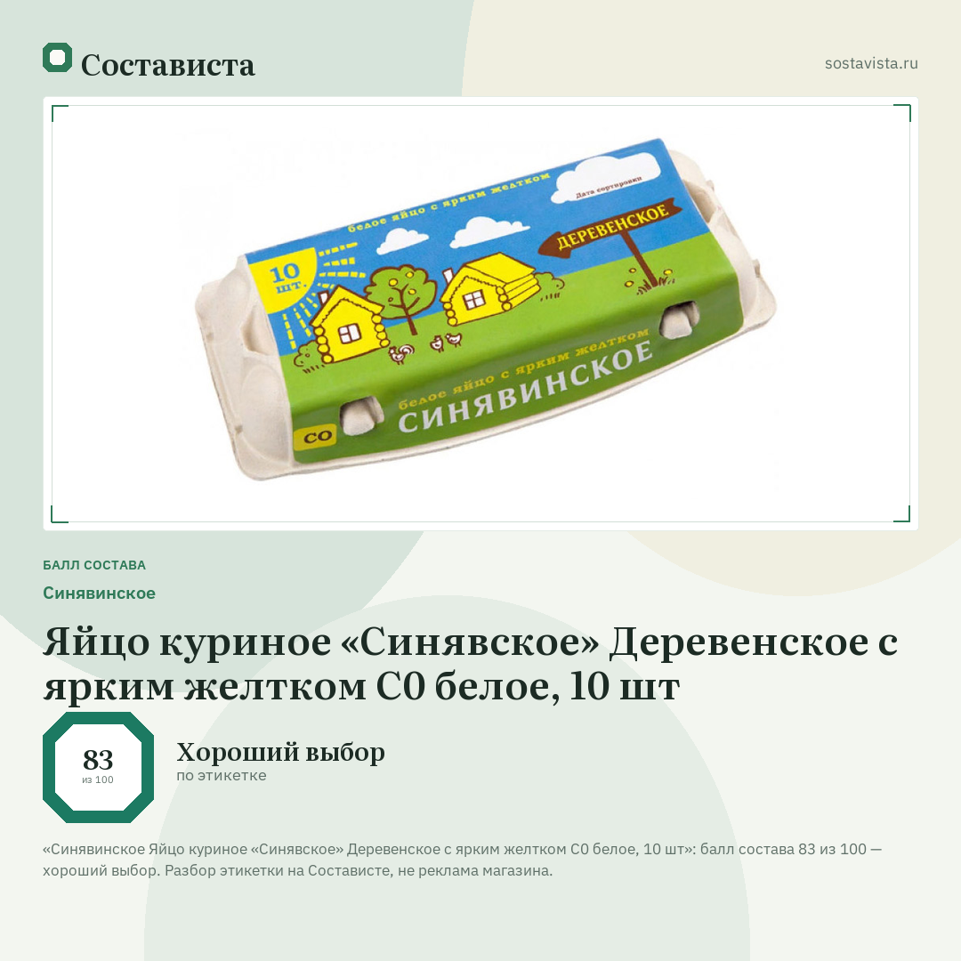 Синявинское Яйцо куриное «Синявское» Деревенское с ярким желтком С0 белое, 10 шт: балл состава 83 из 100 — Состависта