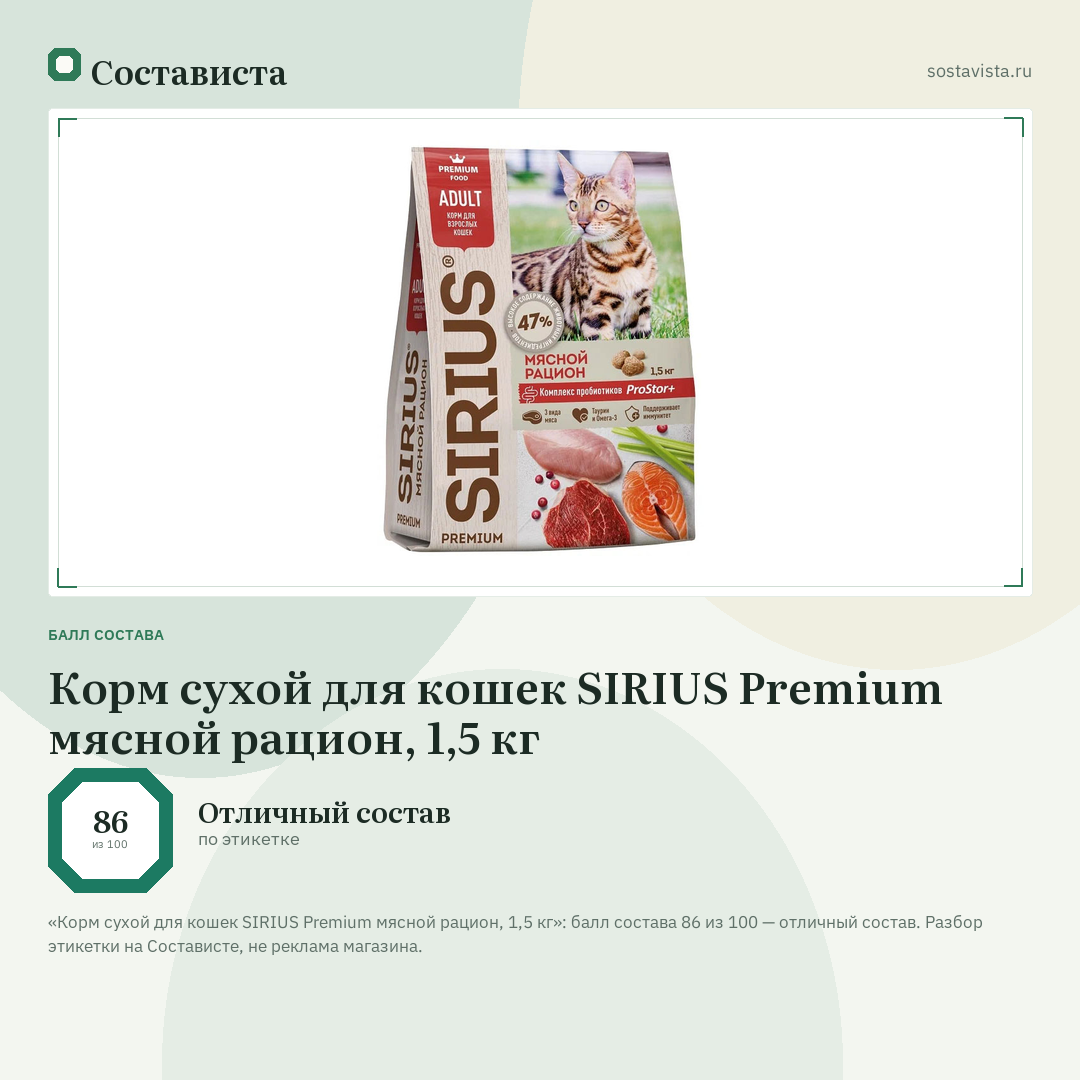 Корм сухой для кошек SIRIUS Premium мясной рацион, 1,5 кг: балл состава 86 из 100 — Состависта