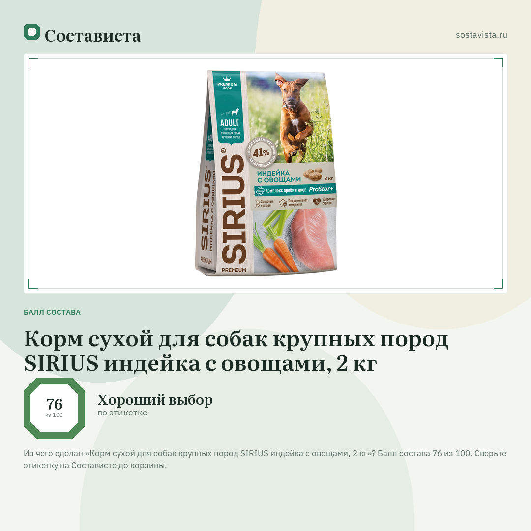 Корм сухой для собак крупных пород SIRIUS индейка с овощами, 2 кг: балл состава 76 из 100 — Состависта