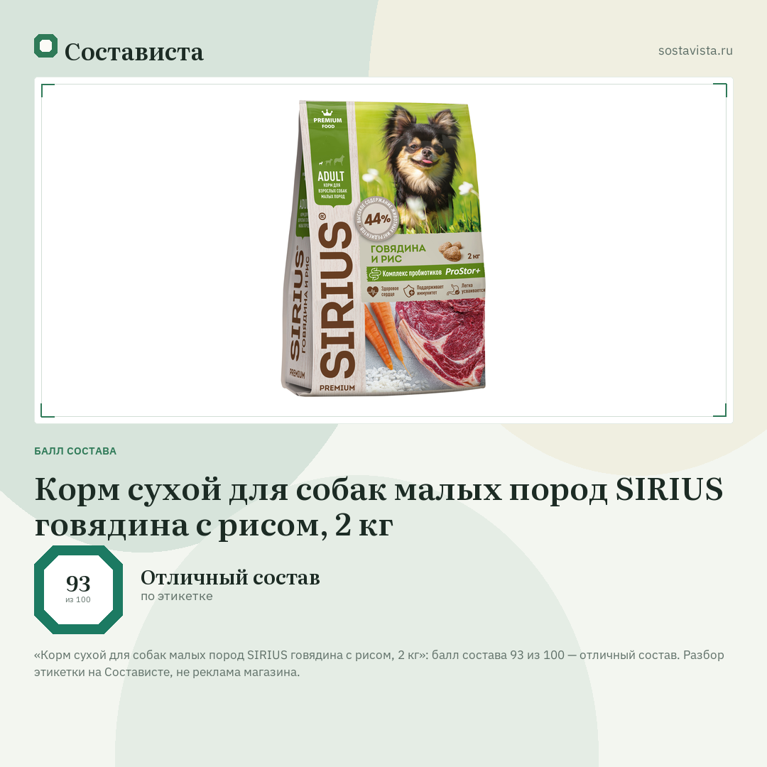 Корм сухой для собак малых пород SIRIUS говядина с рисом, 2 кг: балл состава 93 из 100 — Состависта