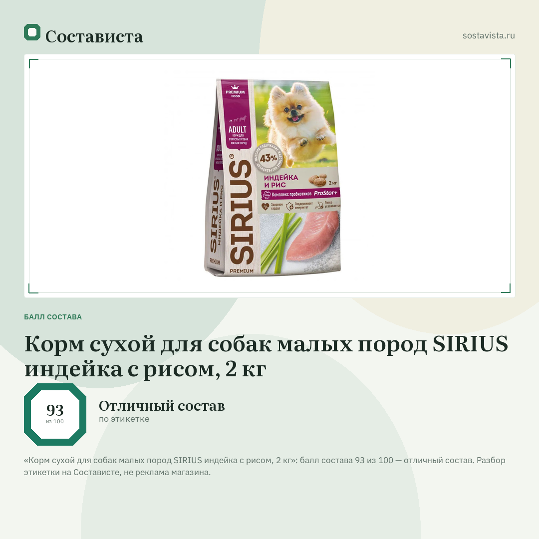 Корм сухой для собак малых пород SIRIUS индейка с рисом, 2 кг: балл состава 93 из 100 — Состависта
