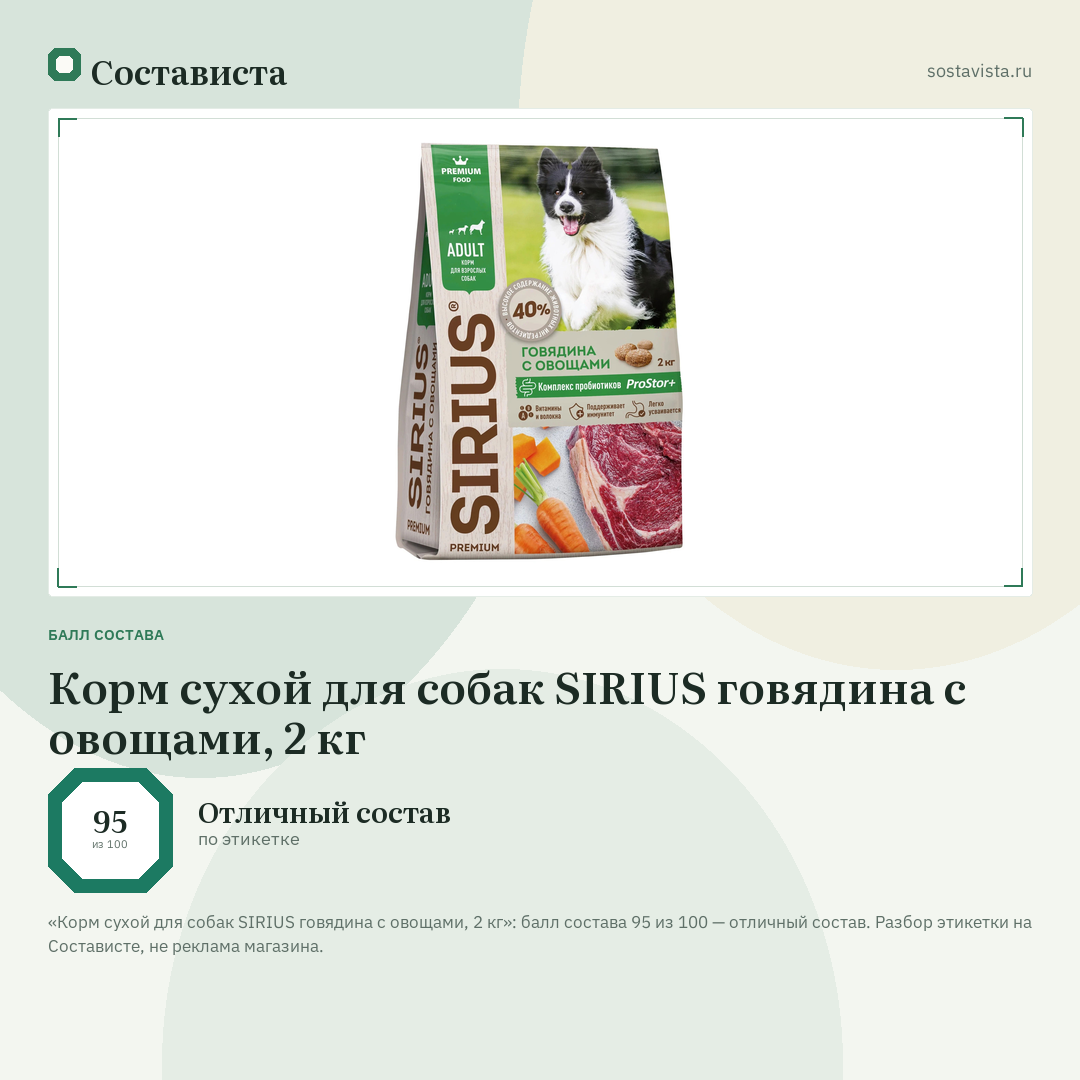Корм сухой для собак SIRIUS говядина с овощами, 2 кг: балл состава 95 из 100 — Состависта