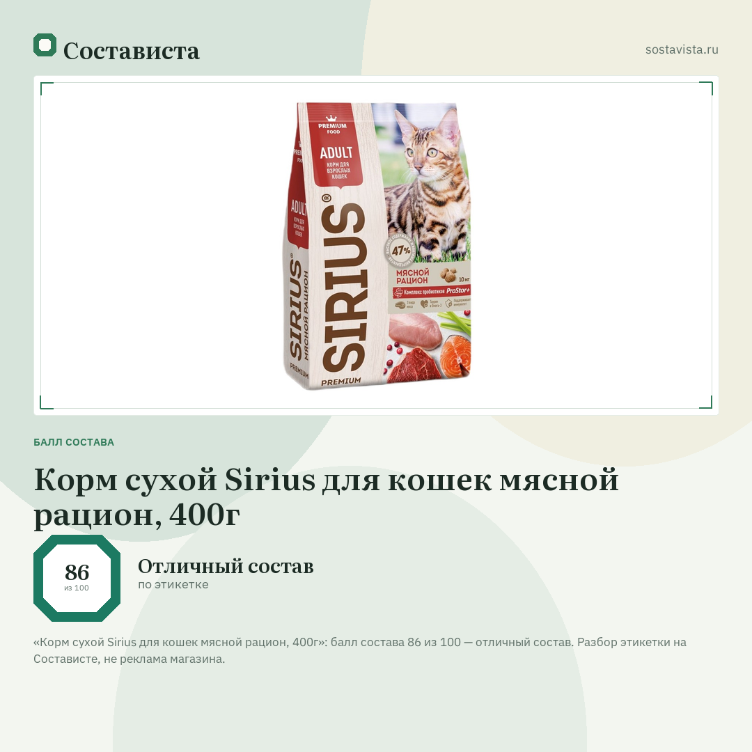 Корм сухой Sirius для кошек мясной рацион, 400г: балл состава 86 из 100 — Состависта