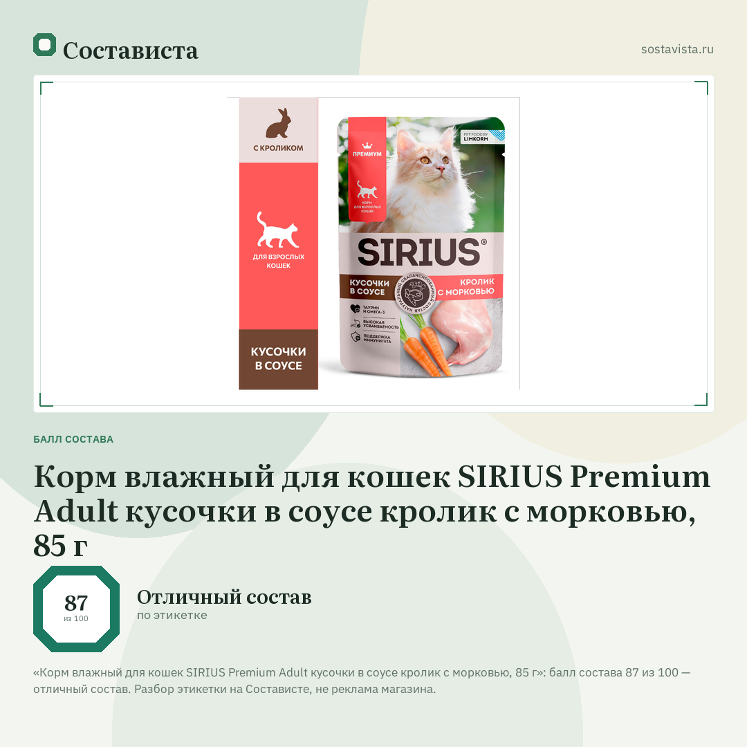 Корм влажный для кошек SIRIUS Premium Adult кусочки в соусе кролик с морковью, 85 г: балл состава 87 из 100 — Состависта