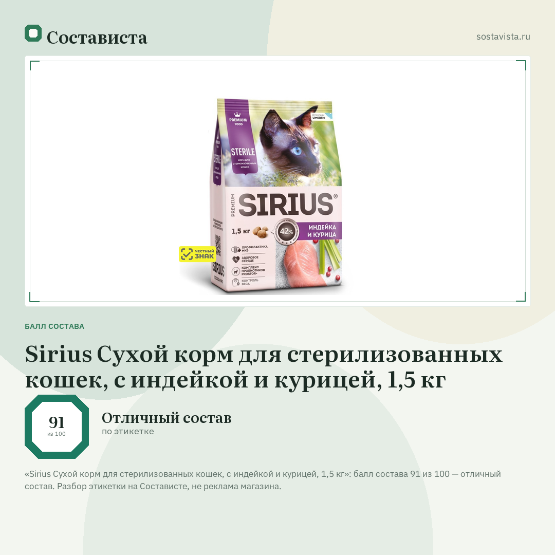 Sirius Сухой корм для стерилизованных кошек, с индейкой и курицей, 1,5 кг: балл состава 91 из 100 — Состависта