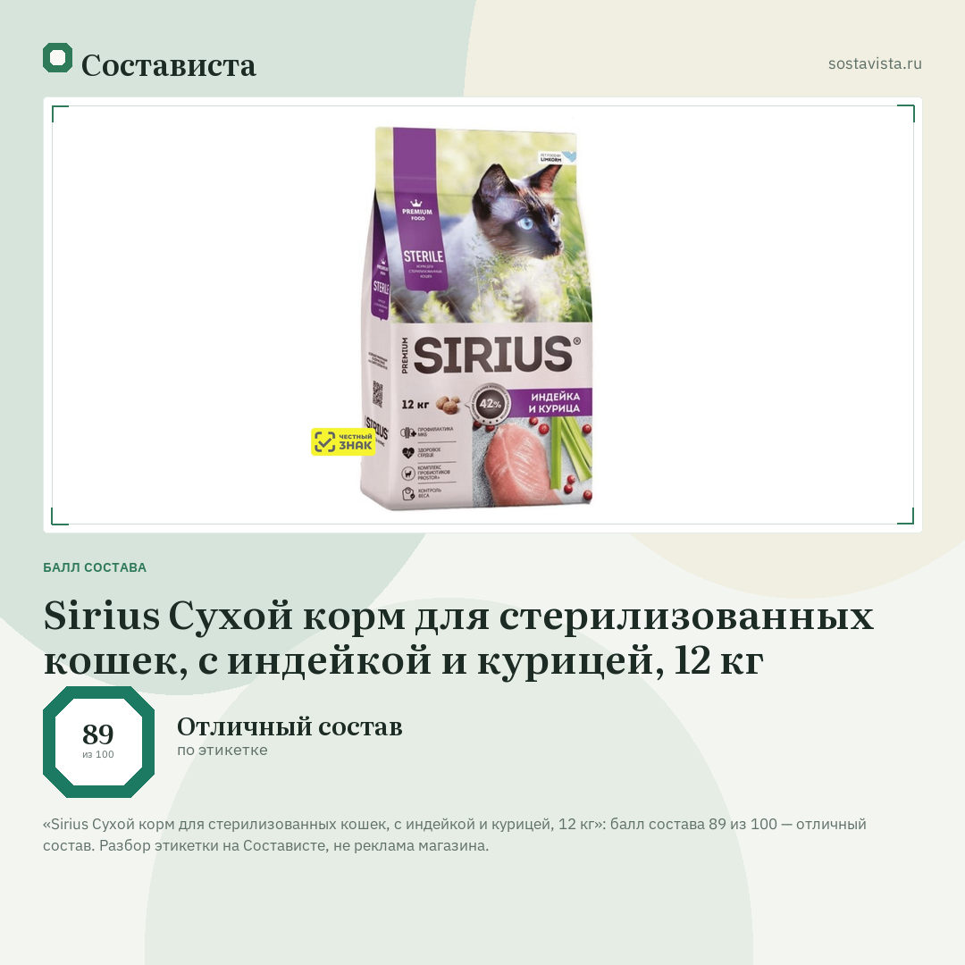 Sirius Сухой корм для стерилизованных кошек, с индейкой и курицей, 12 кг: балл состава 89 из 100 — Состависта