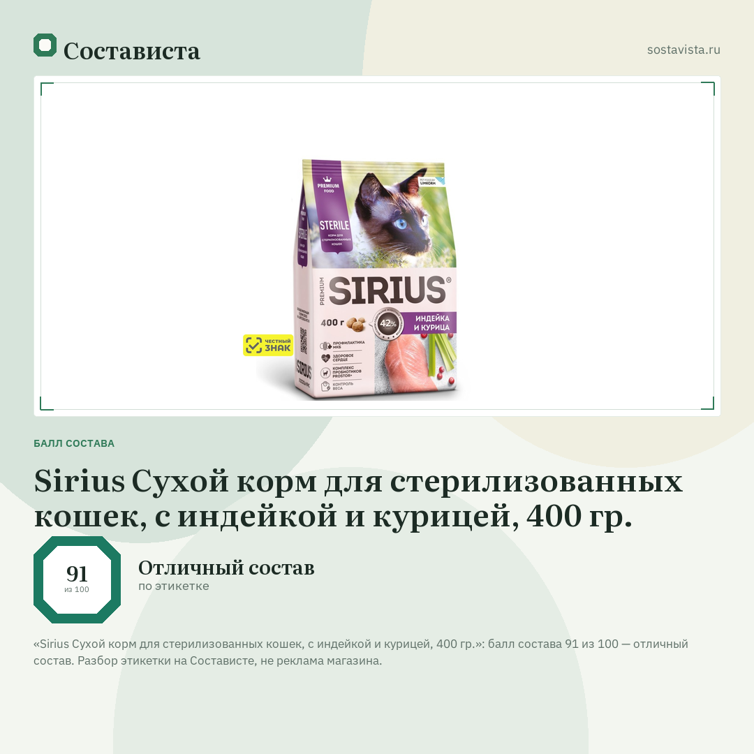 Sirius Сухой корм для стерилизованных кошек, с индейкой и курицей, 400 гр.: балл состава 91 из 100 — Состависта