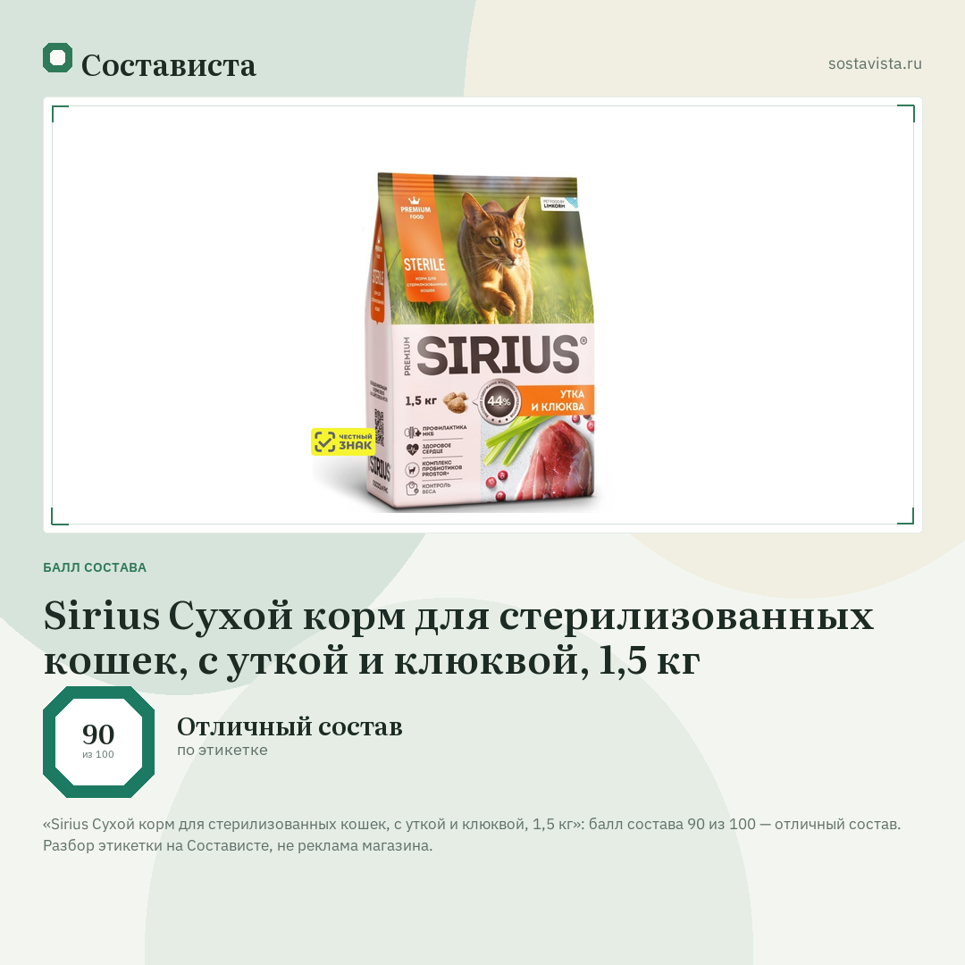 Sirius Сухой корм для стерилизованных кошек, с уткой и клюквой, 1,5 кг: балл состава 90 из 100 — Состависта