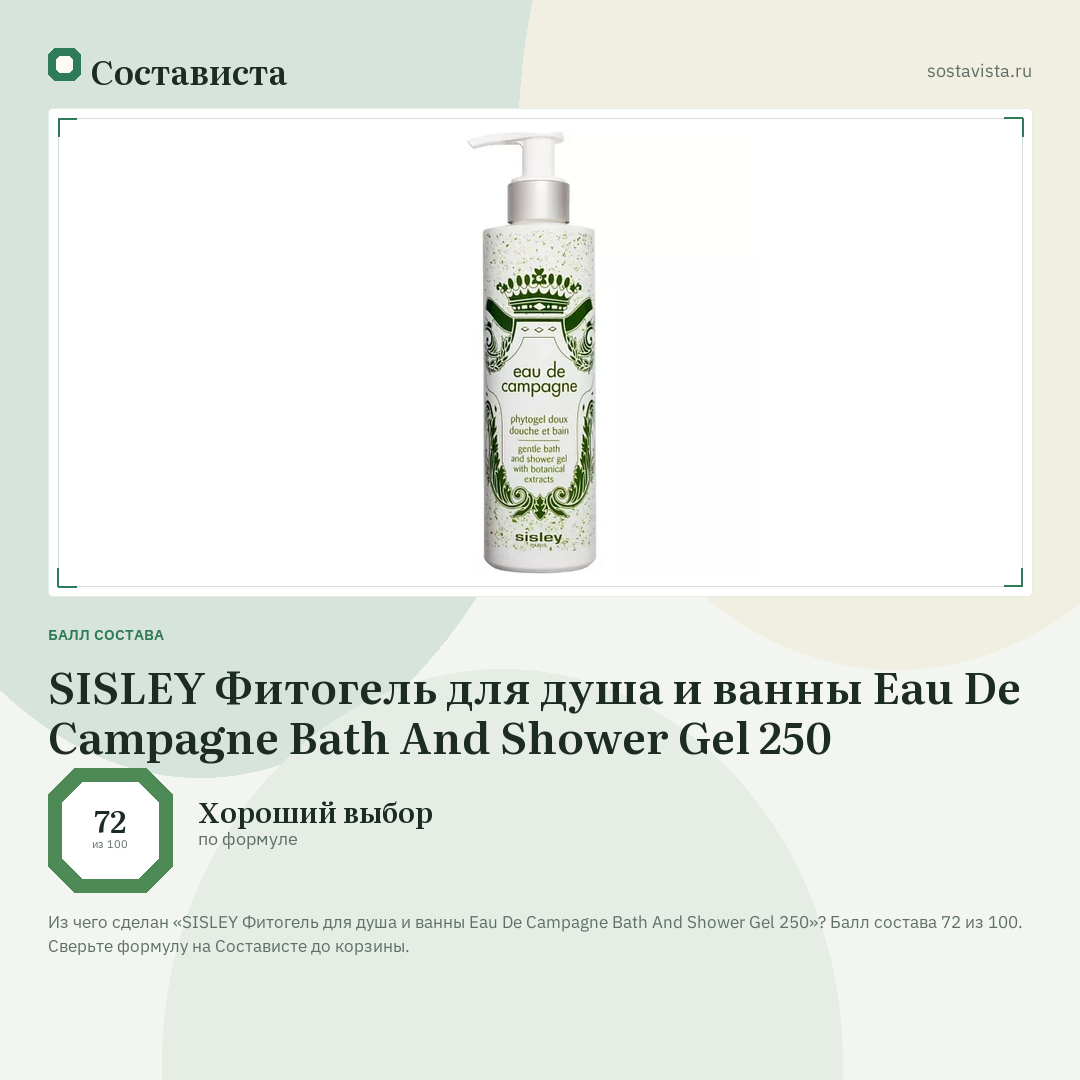 SISLEY Фитогель для душа и ванны Eau De Campagne Bath And Shower Gel 250: балл состава 72 из 100 — Состависта