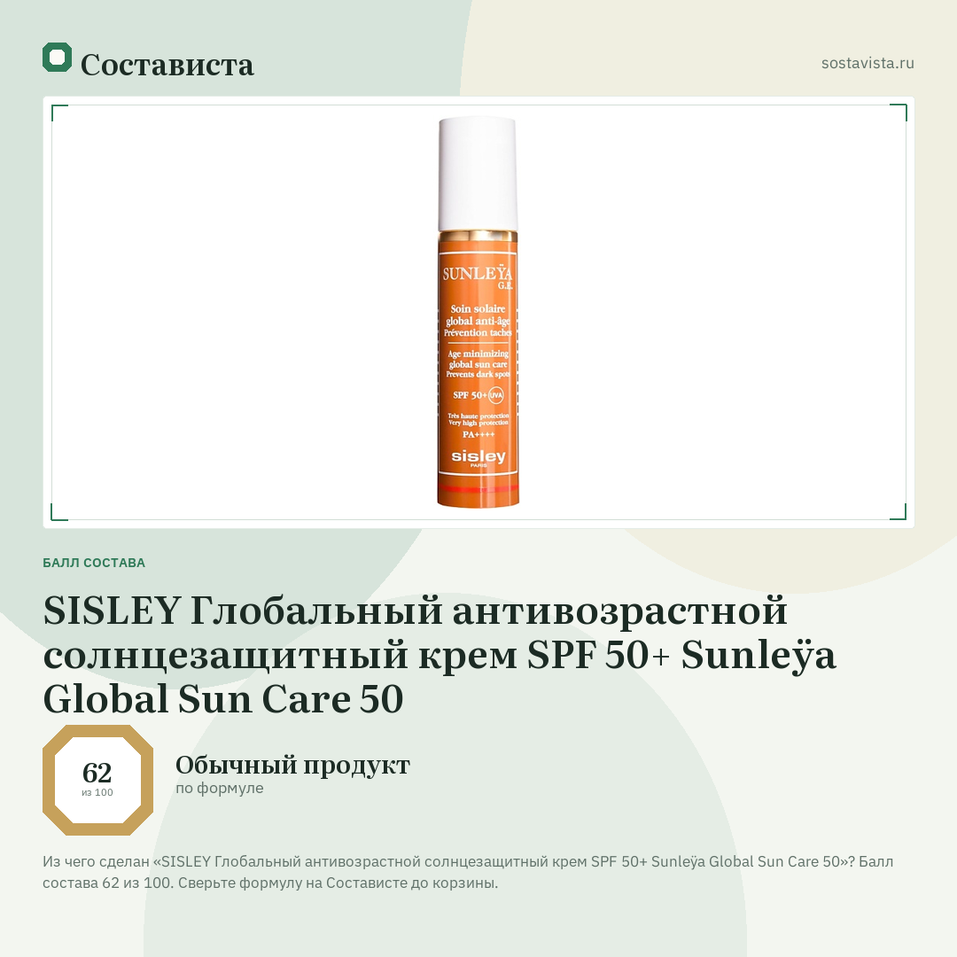 SISLEY Глобальный антивозрастной солнцезащитный крем SPF 50+ Sunleÿa Global Sun Care 50: балл состава 62 из 100 — Состависта