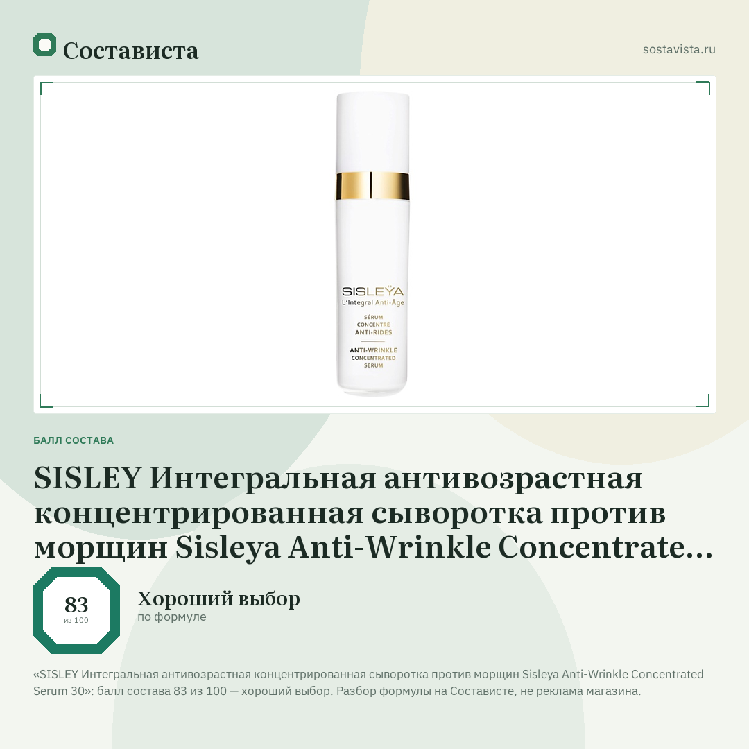 SISLEY Интегральная антивозрастная концентрированная сыворотка против морщин Sisleya Anti-Wrinkle Concentrated Serum 30: балл состава 83 из 100 — Состависта