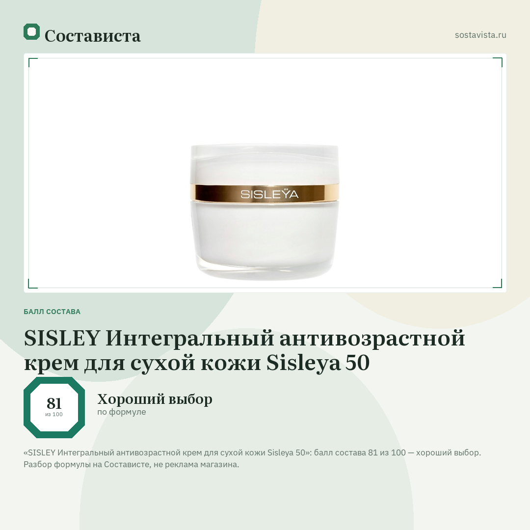 SISLEY Интегральный антивозрастной крем для сухой кожи Sisleya 50: балл состава 81 из 100 — Состависта