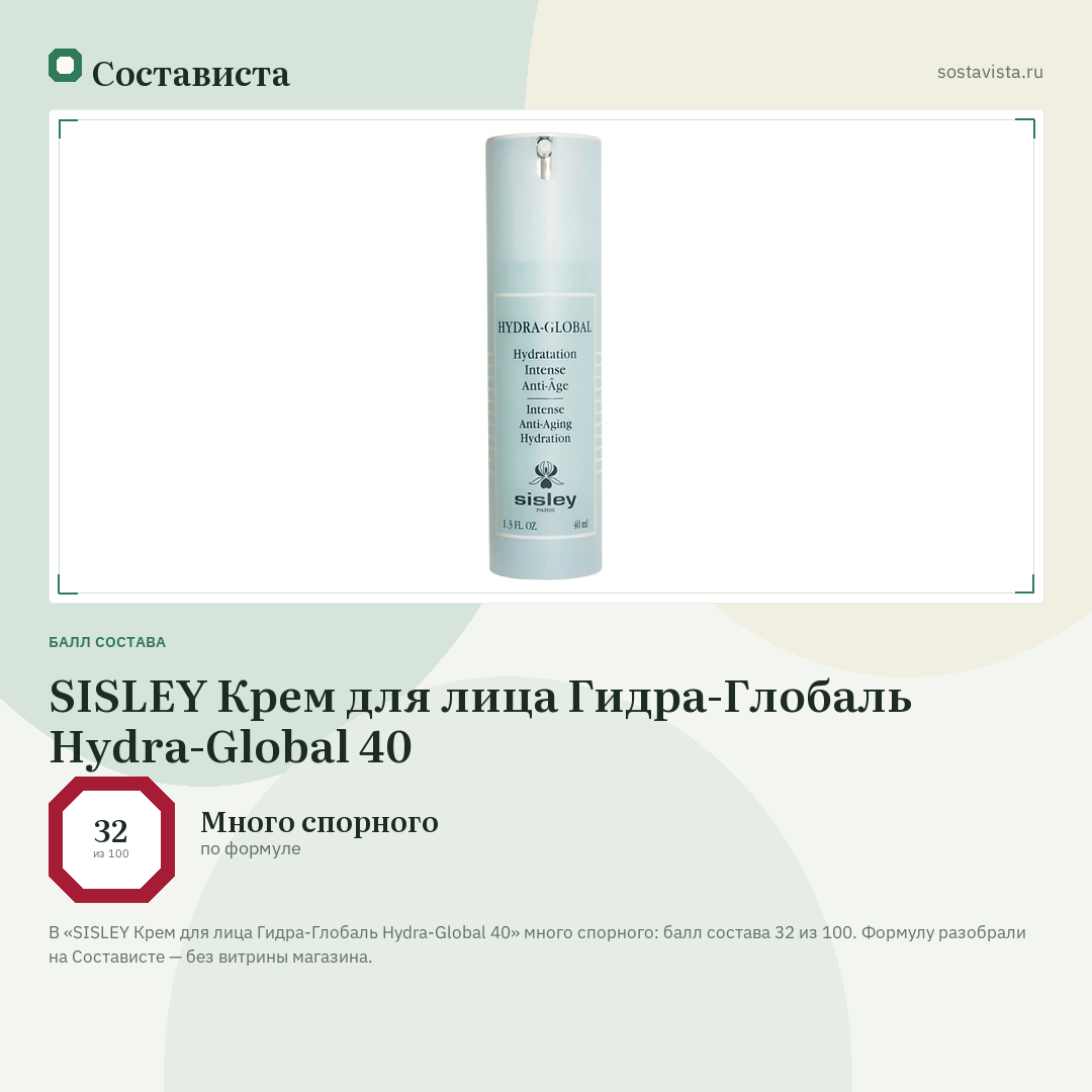 SISLEY Крем для лица Гидра-Глобаль Hydra-Global 40: балл состава 32 из 100 — Состависта