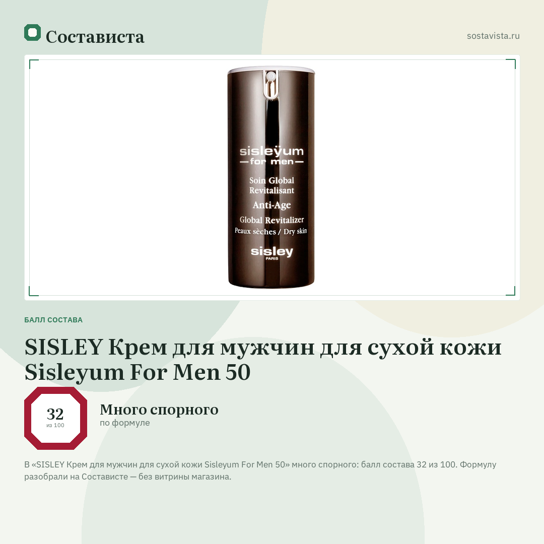SISLEY Крем для мужчин для сухой кожи Sisleyum For Men 50: балл состава 32 из 100 — Состависта