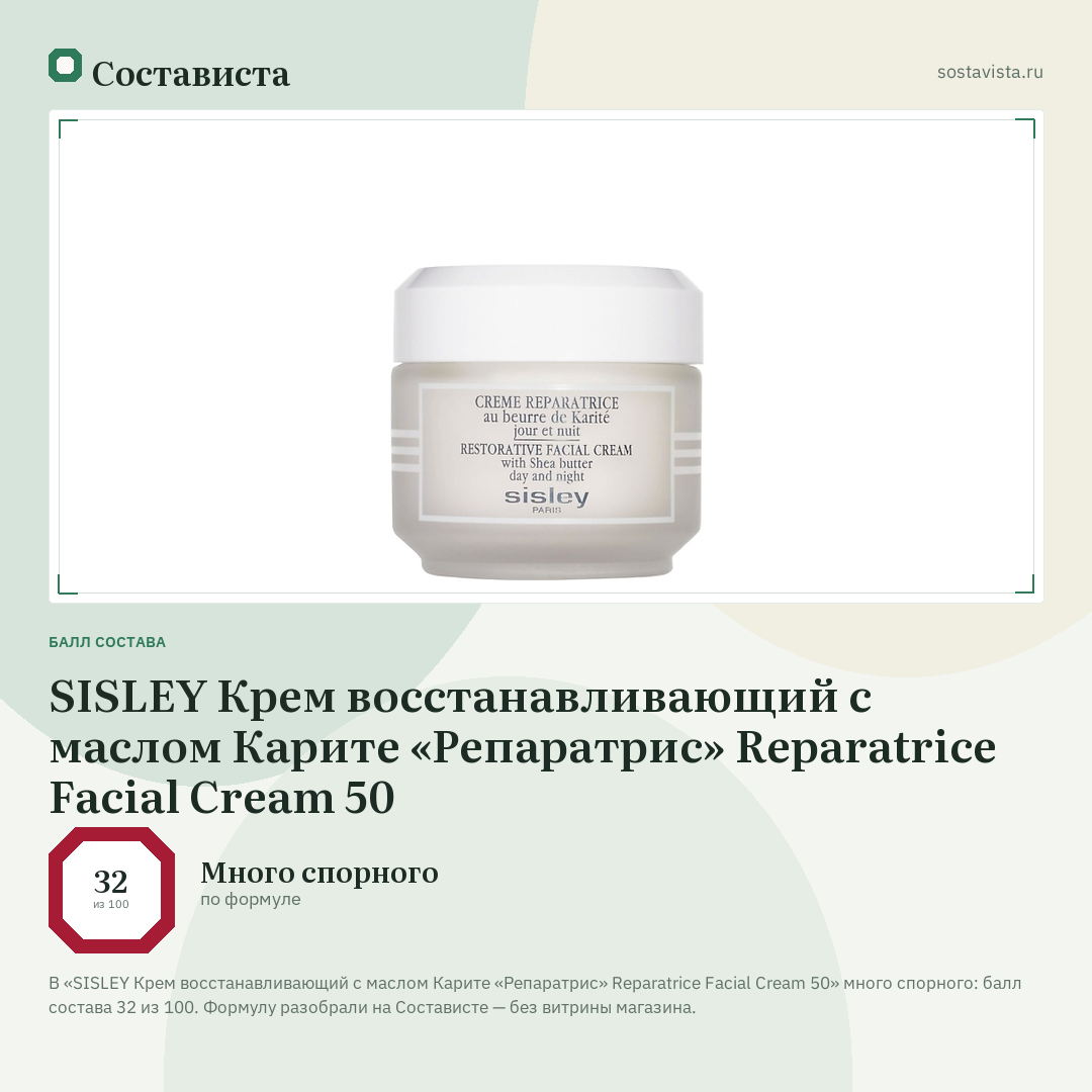 SISLEY Крем восстанавливающий с маслом Карите «Репаратрис» Reparatrice Facial Cream 50: балл состава 32 из 100 — Состависта