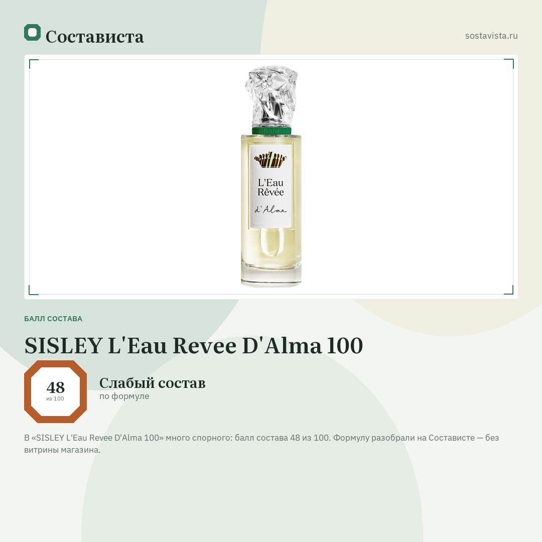 SISLEY L'Eau Revee D'Alma 100: балл состава 48 из 100 — Состависта