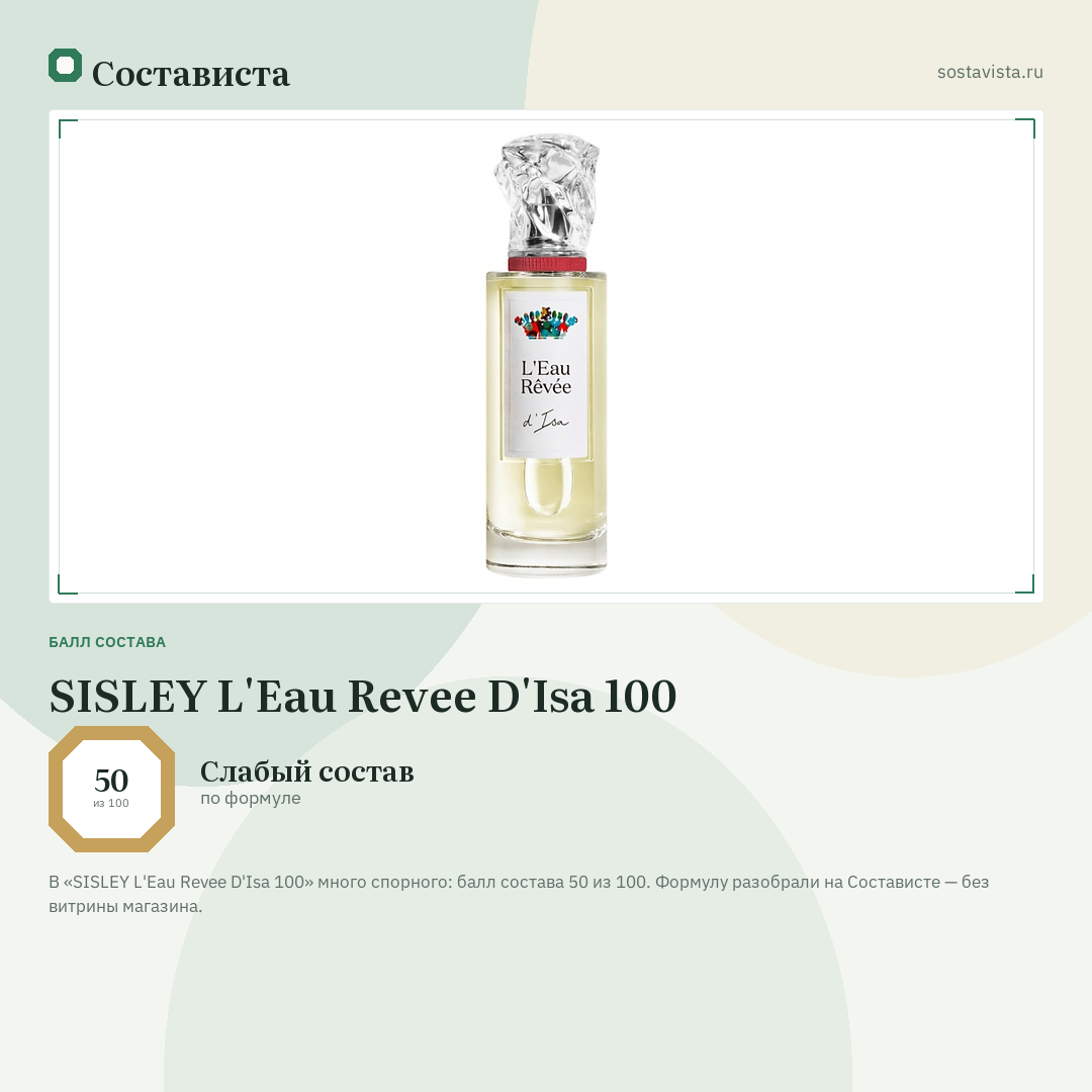 SISLEY L'Eau Revee D'Isa 100: балл состава 50 из 100 — Состависта