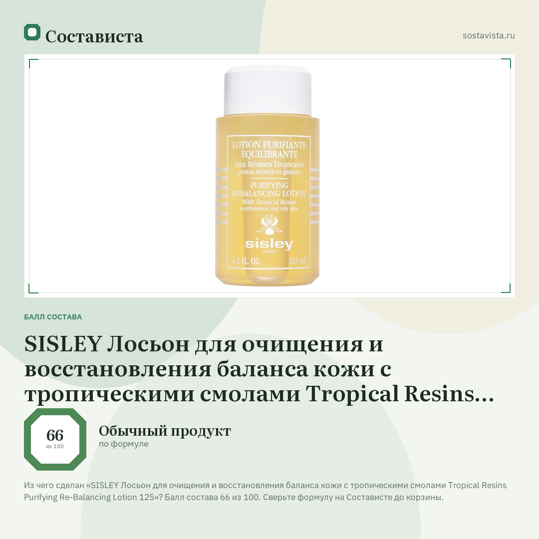 SISLEY Лосьон для очищения и восстановления баланса кожи с тропическими смолами Tropical Resins Purifying Re-Balancing Lotion 125: балл состава 66 из 100 — Состависта
