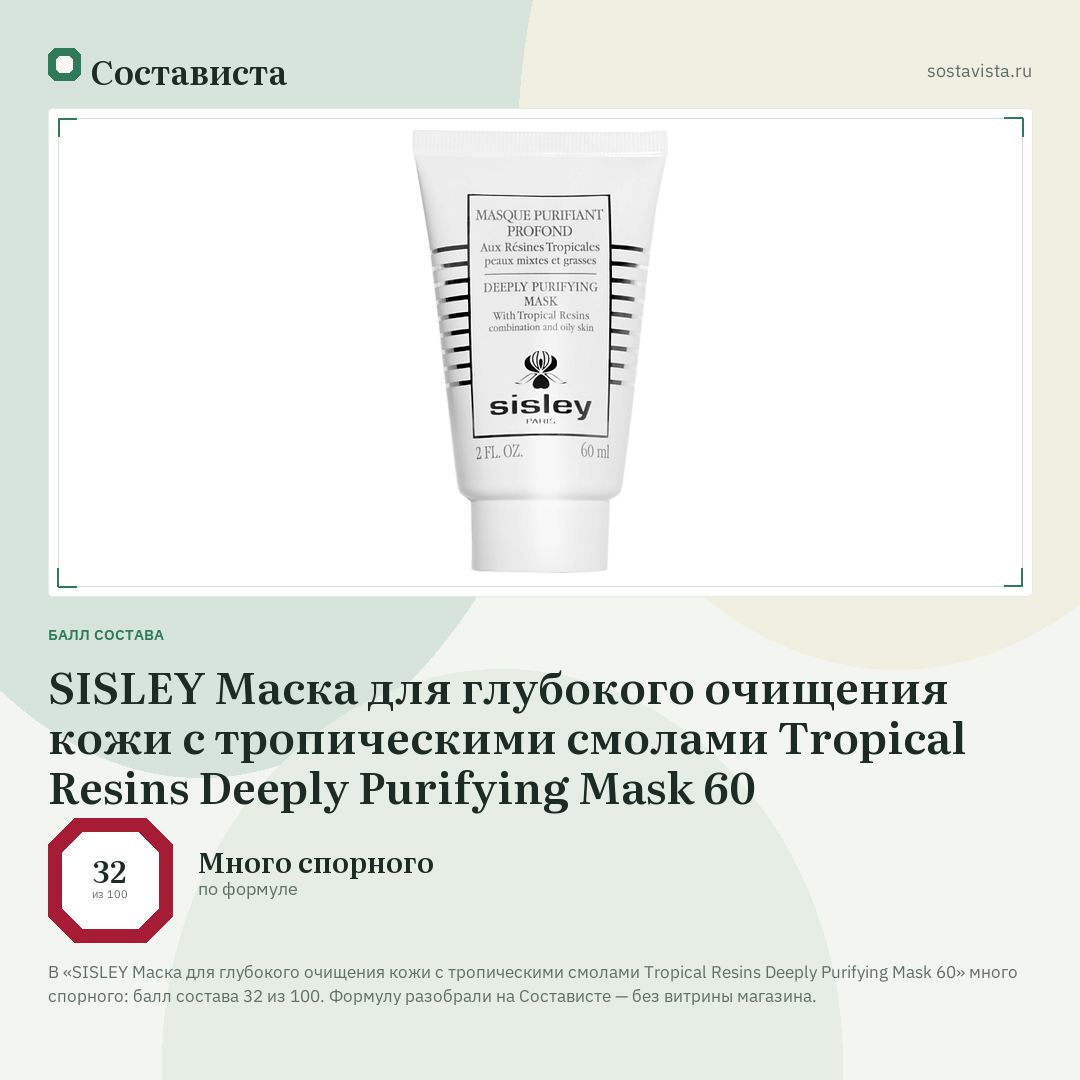 SISLEY Маска для глубокого очищения кожи с тропическими смолами Tropical Resins Deeply Purifying Mask 60: балл состава 32 из 100 — Состависта
