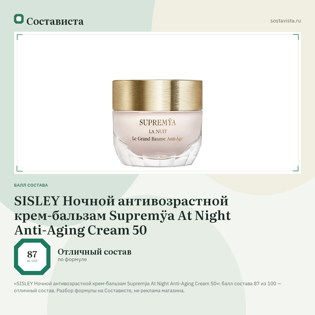 SISLEY Ночной антивозрастной крем-бальзам Supremÿa At Night Anti-Aging Cream 50: балл состава 87 из 100 — Состависта