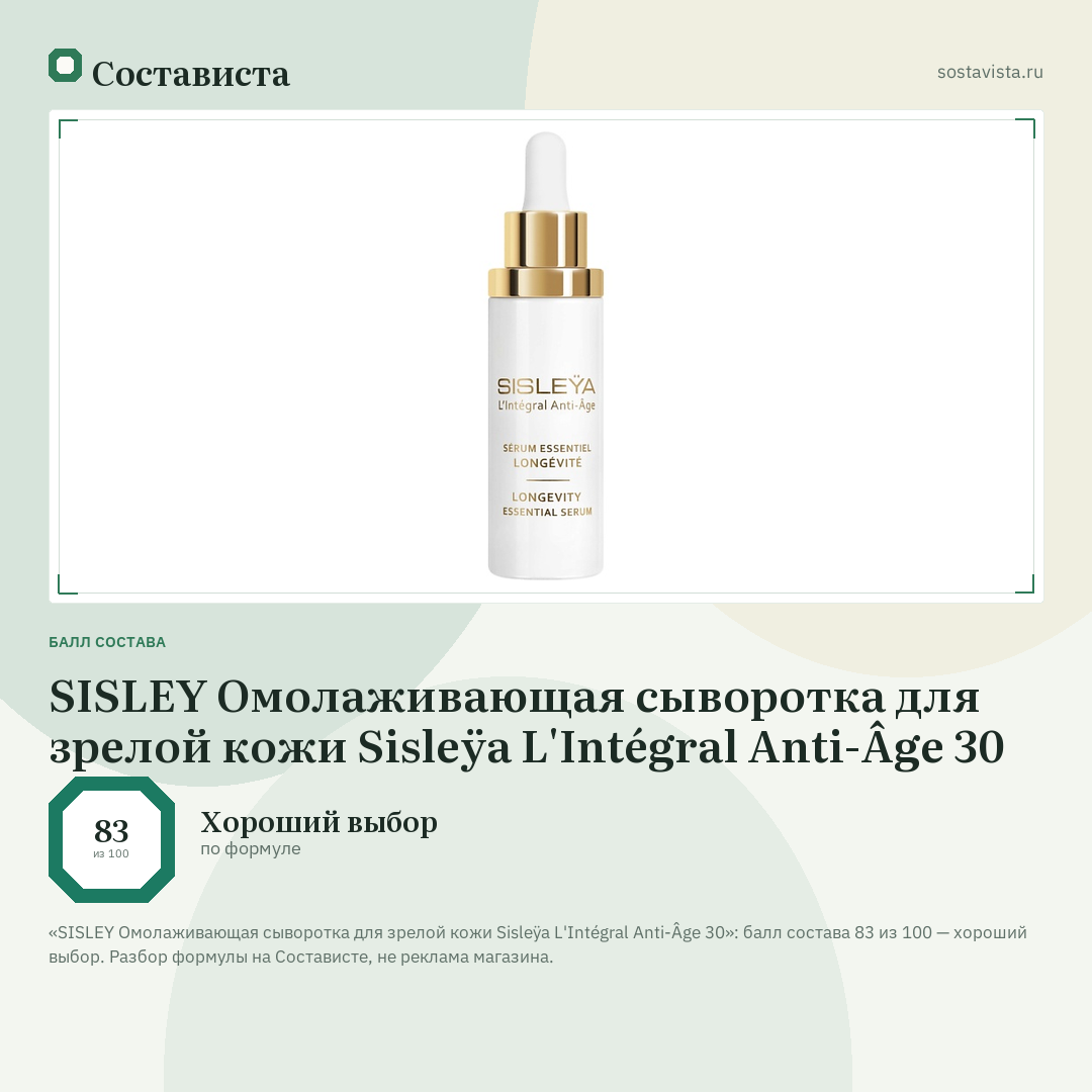SISLEY Омолаживающая сыворотка для зрелой кожи Sisleÿa L'Intégral Anti-Âge 30: балл состава 83 из 100 — Состависта
