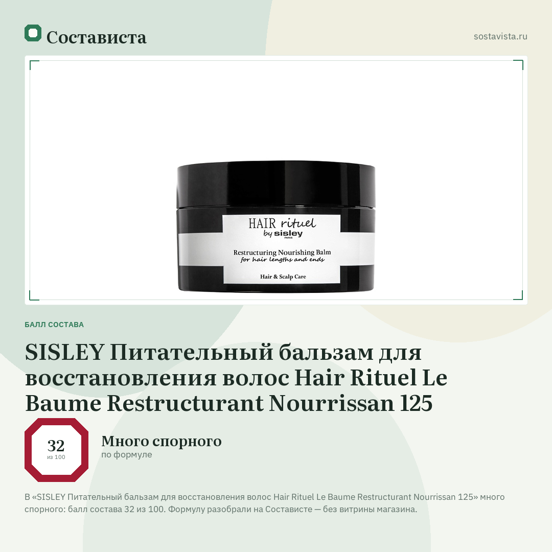 SISLEY Питательный бальзам для восстановления волос Hair Rituel Le Baume Restructurant Nourrissan 125: балл состава 32 из 100 — Состависта