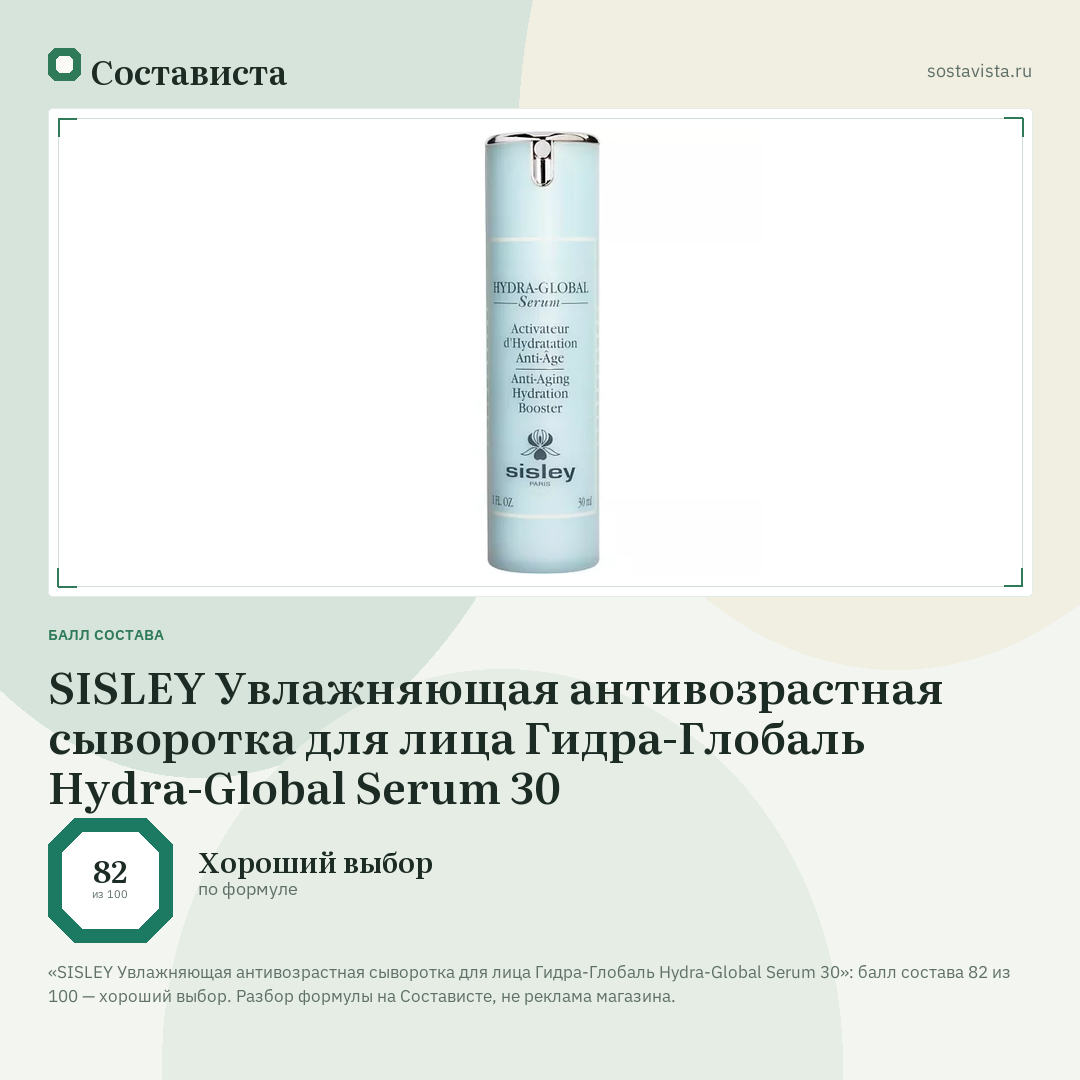 SISLEY Увлажняющая антивозрастная сыворотка для лица Гидра-Глобаль Hydra-Global Serum 30: балл состава 82 из 100 — Состависта