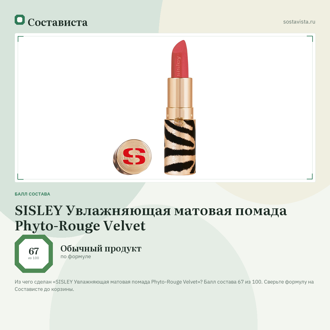SISLEY Увлажняющая матовая помада Phyto-Rouge Velvet: балл состава 67 из 100 — Состависта