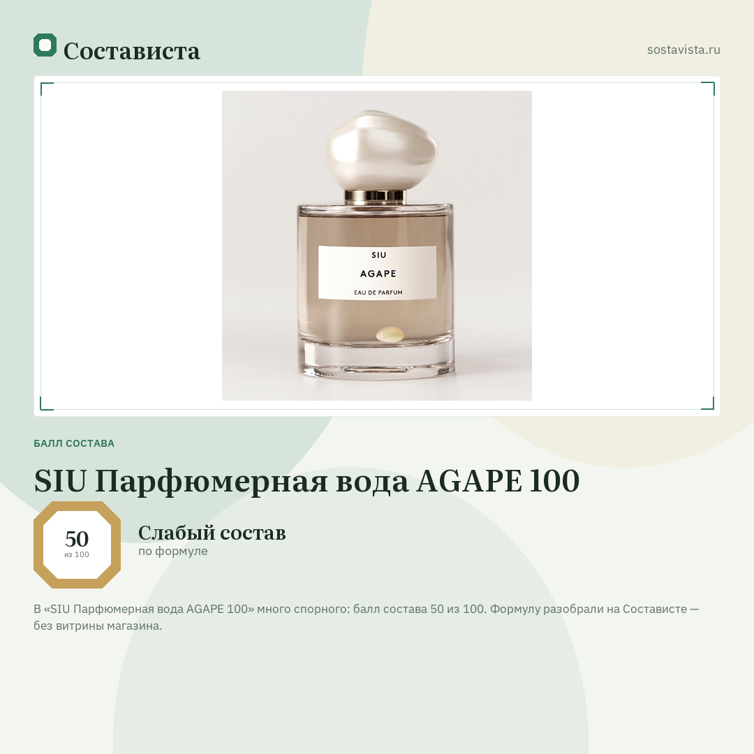 SIU Парфюмерная вода AGAPE 100: балл состава 50 из 100 — Состависта