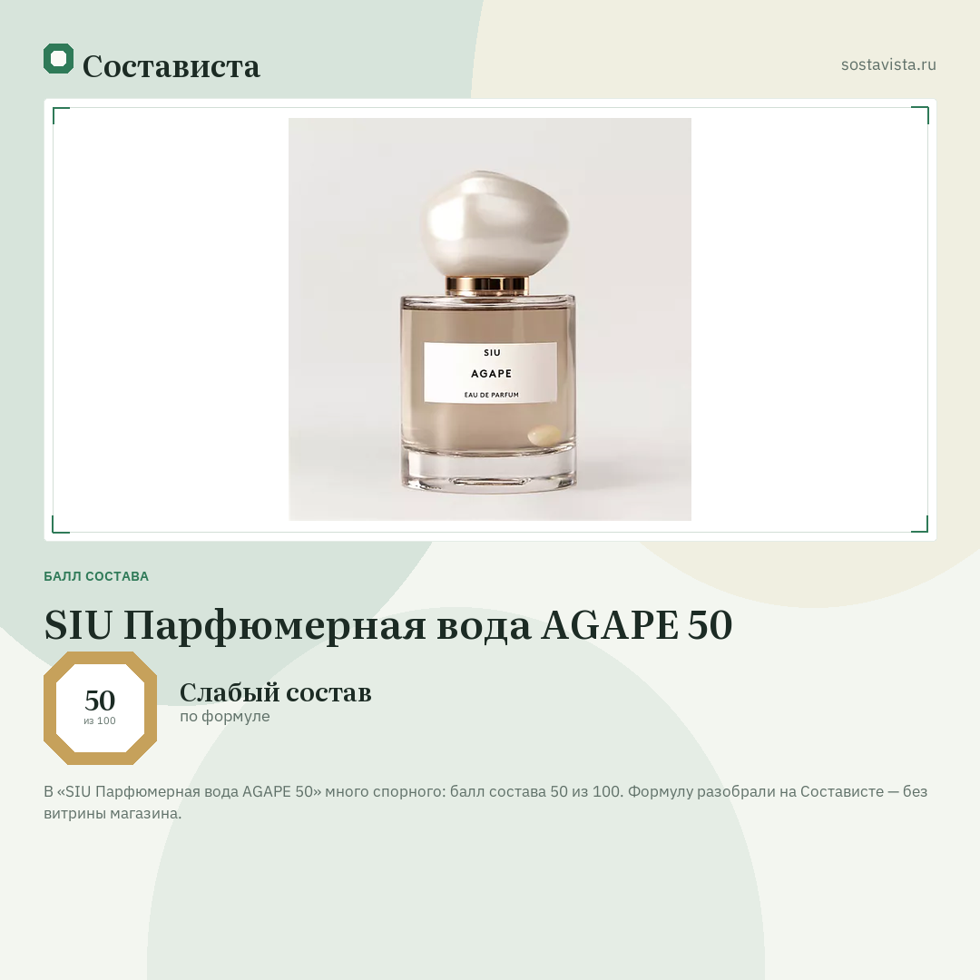 SIU Парфюмерная вода AGAPE 50: балл состава 50 из 100 — Состависта