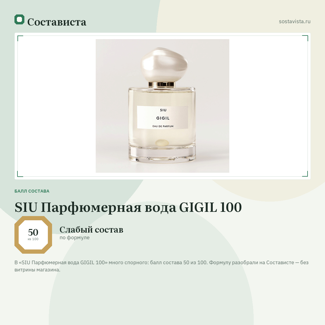 SIU Парфюмерная вода GIGIL 100: балл состава 50 из 100 — Состависта
