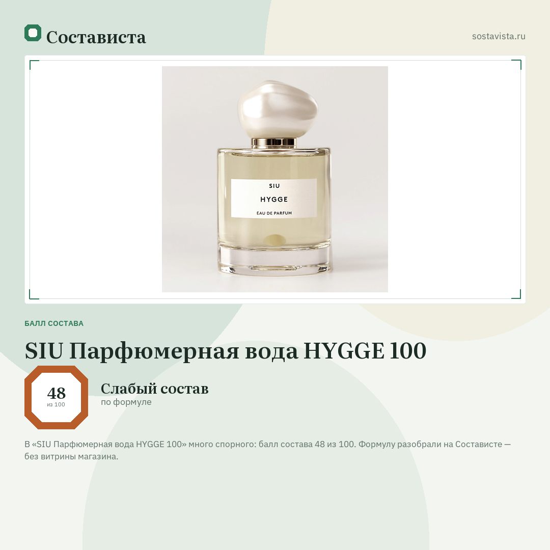 SIU Парфюмерная вода HYGGE 100: балл состава 48 из 100 — Состависта