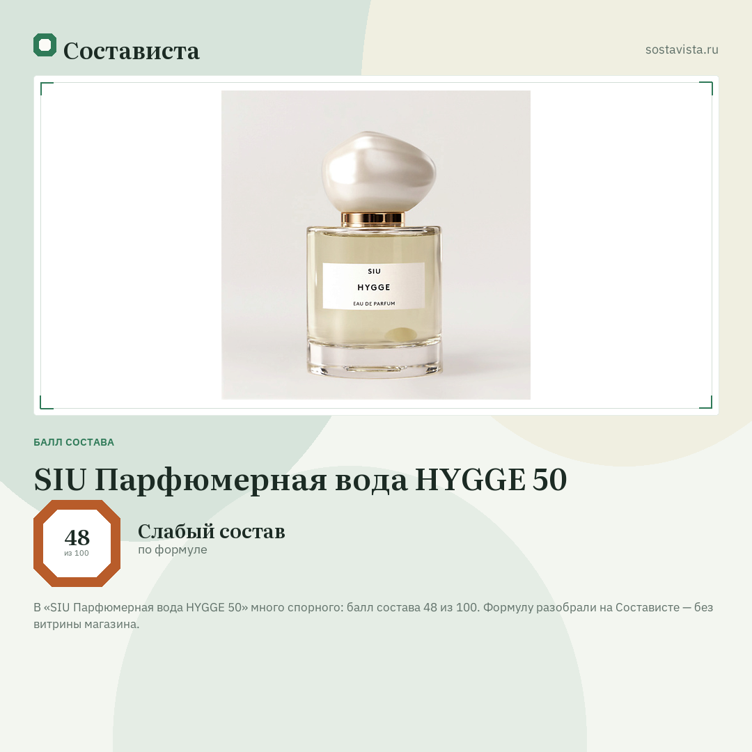SIU Парфюмерная вода HYGGE 50: балл состава 48 из 100 — Состависта