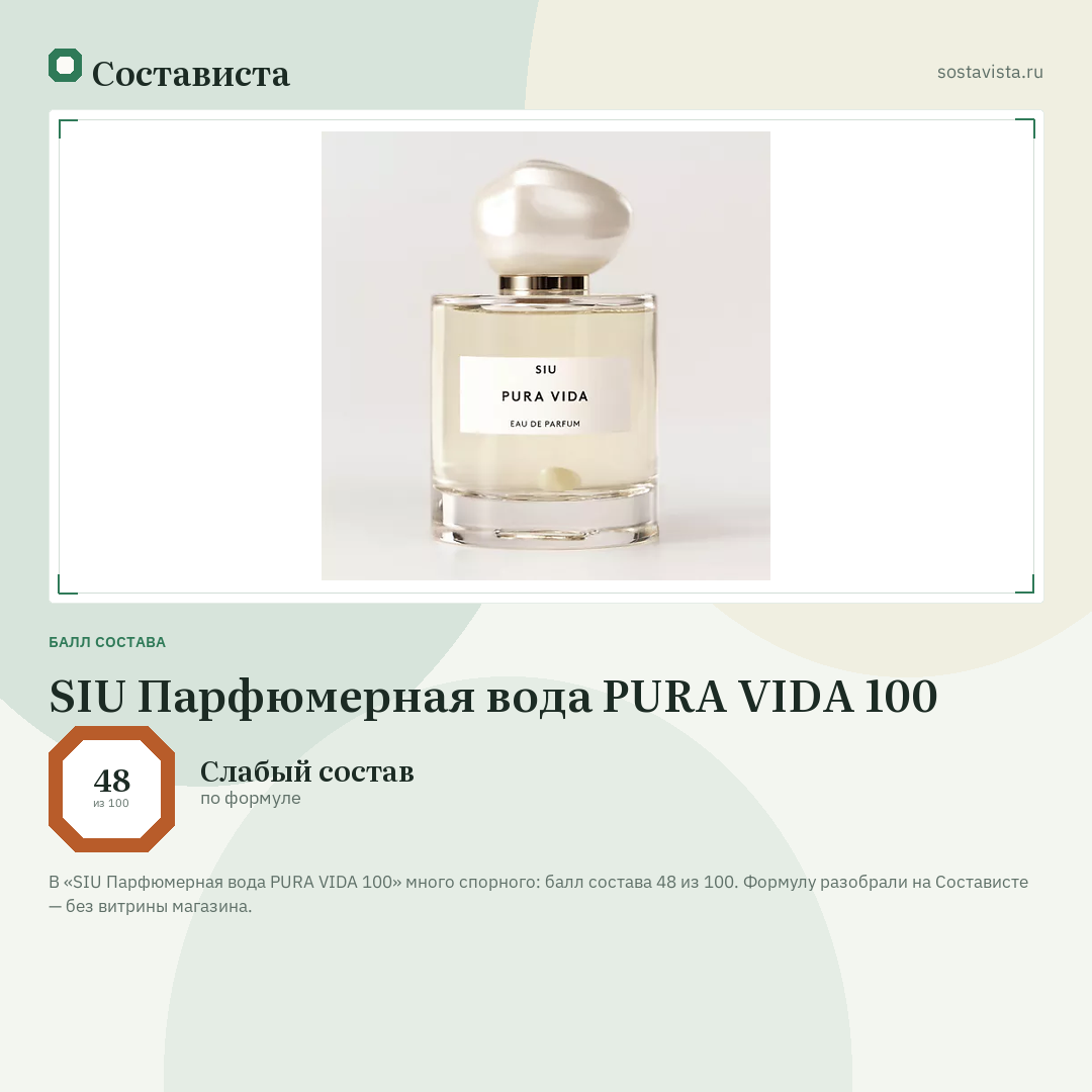 SIU Парфюмерная вода PURA VIDA 100: балл состава 48 из 100 — Состависта