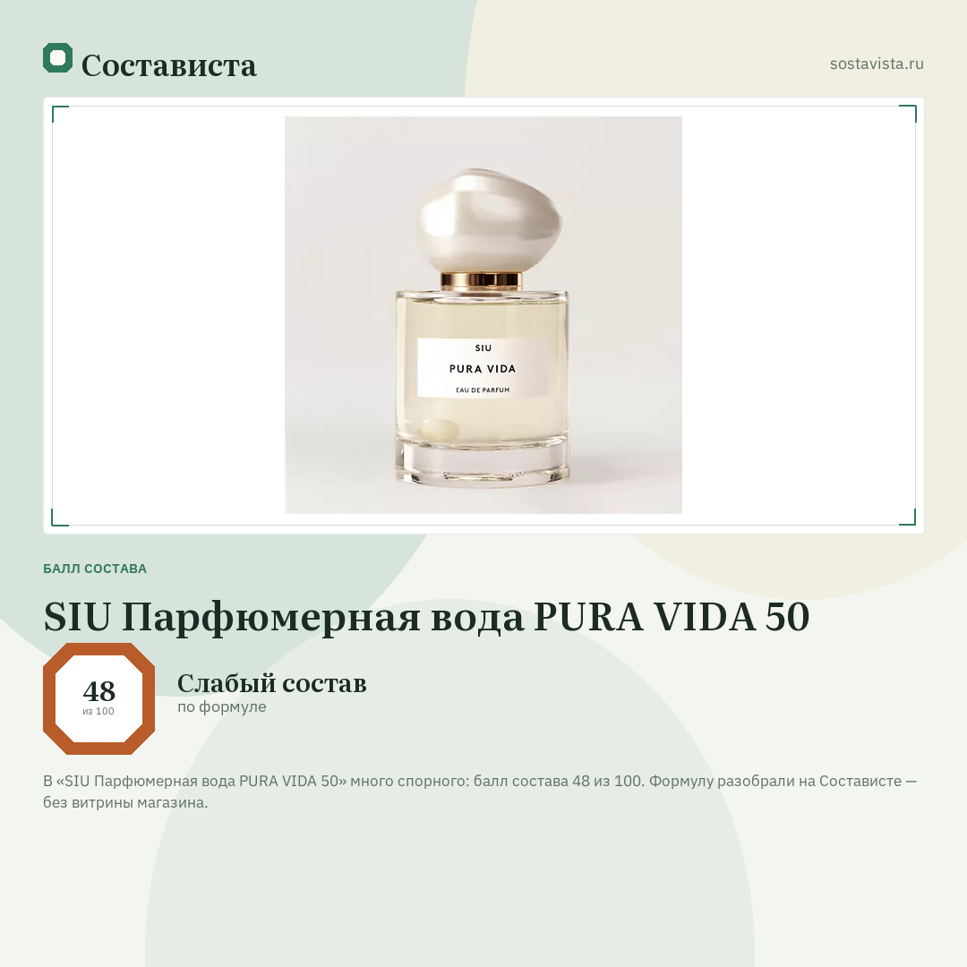 SIU Парфюмерная вода PURA VIDA 50: балл состава 48 из 100 — Состависта