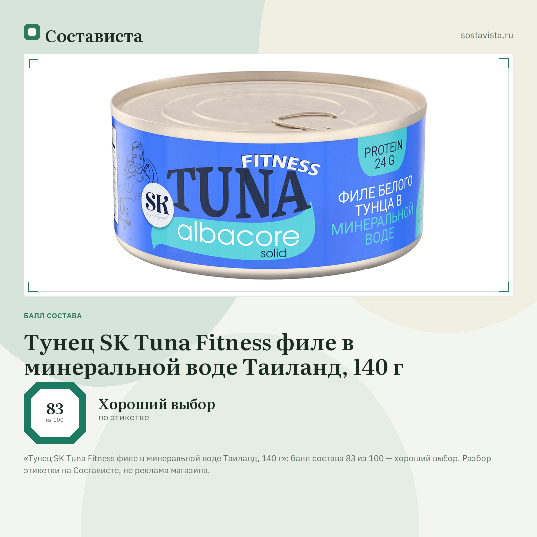 Тунец SK Tuna Fitness филе в минеральной воде Таиланд, 140 г: балл состава 83 из 100 — Состависта