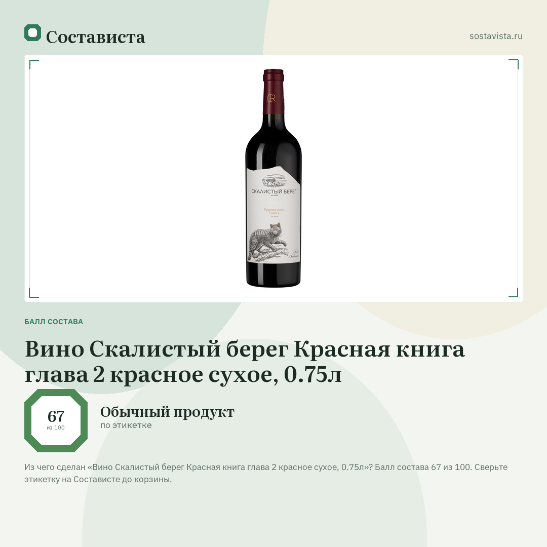 Вино Скалистый берег Красная книга глава 2 красное сухое, 0.75л: балл состава 67 из 100 — Состависта