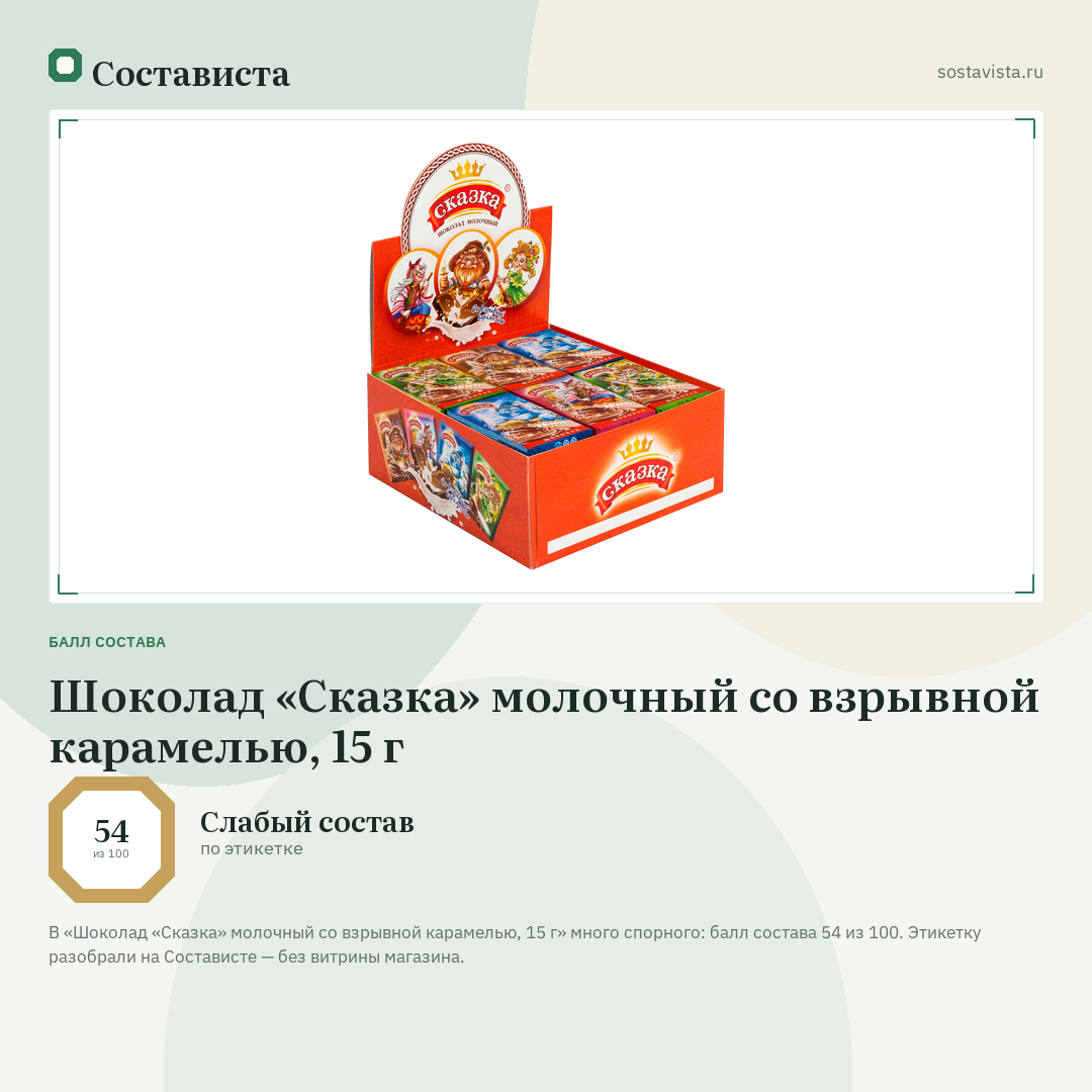 Шоколад «Сказка» молочный со взрывной карамелью, 15 г: балл состава 54 из 100 — Состависта