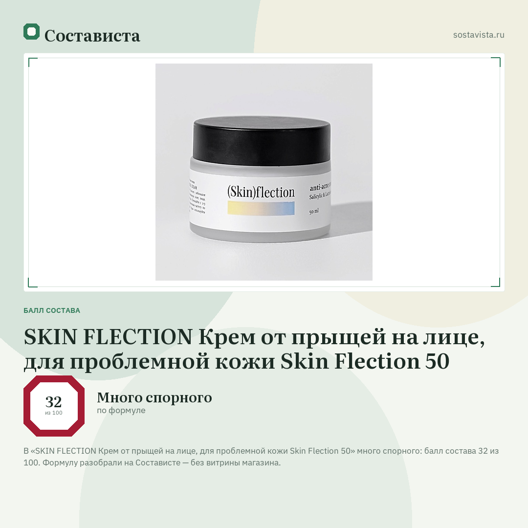 SKIN FLECTION Крем от прыщей на лице, для проблемной кожи Skin Flection 50: балл состава 32 из 100 — Состависта