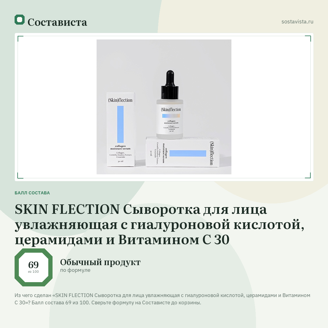 SKIN FLECTION Сыворотка для лица увлажняющая с гиалуроновой кислотой, церамидами и Витамином С 30: балл состава 69 из 100 — Состависта