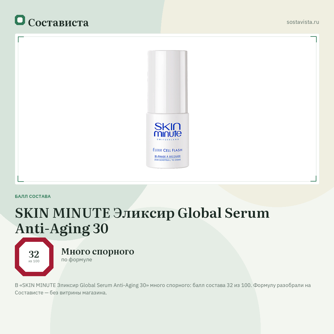 SKIN MINUTE Эликсир Global Serum Anti-Aging 30: балл состава 32 из 100 — Состависта