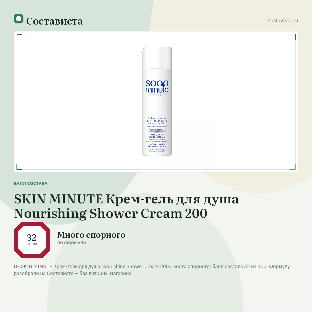 SKIN MINUTE Крем-гель для душа Nourishing Shower Cream 200: балл состава 32 из 100 — Состависта